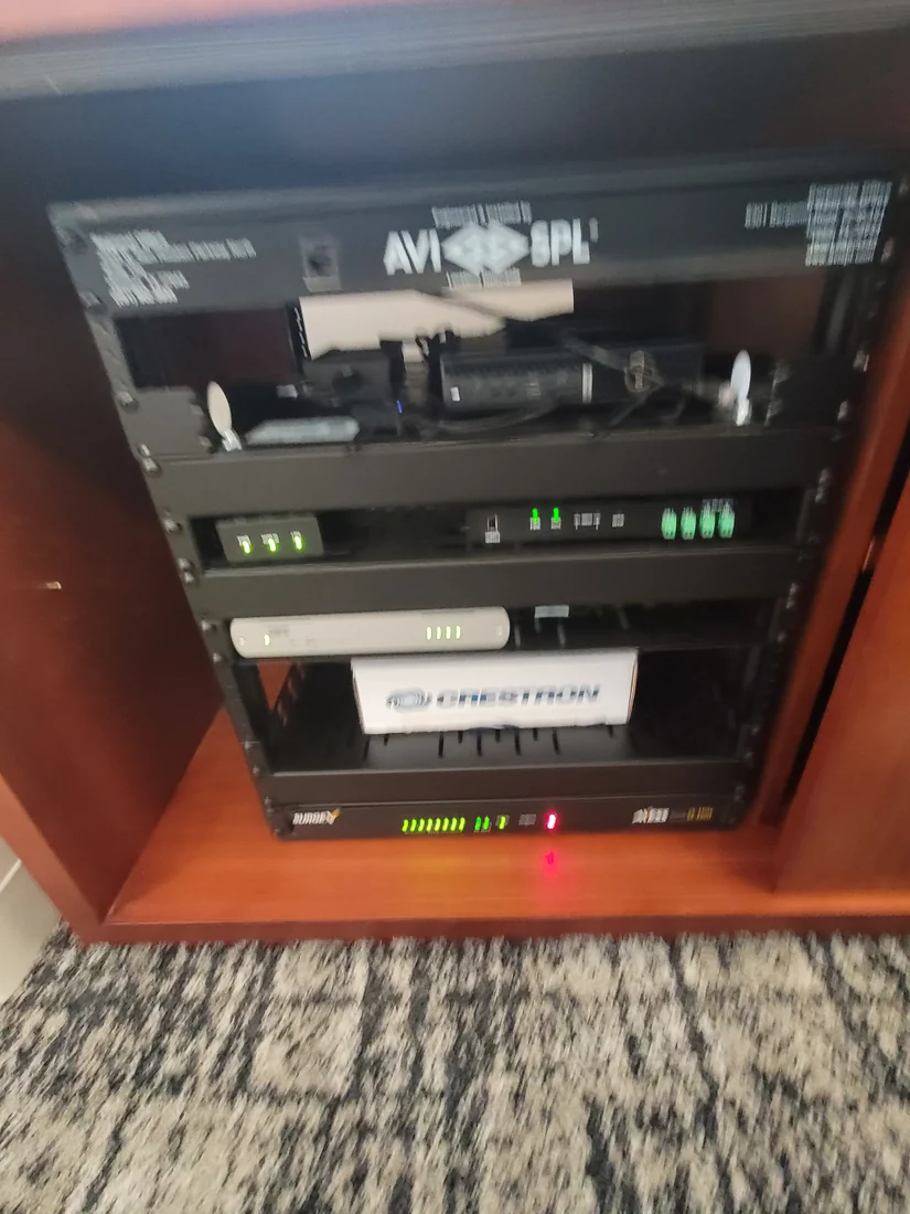 Houston AV rack cleanup and organized low-voltage wiring by Obsidian AV
