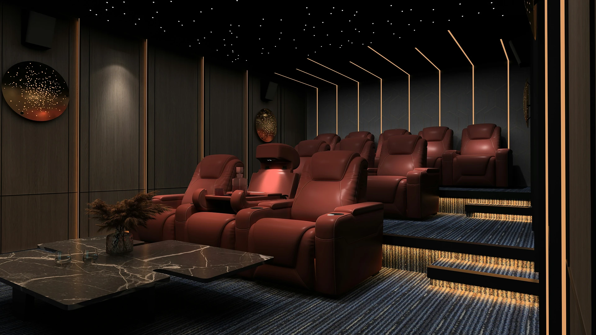 Private home theater with tiered seating and cinematic lighting