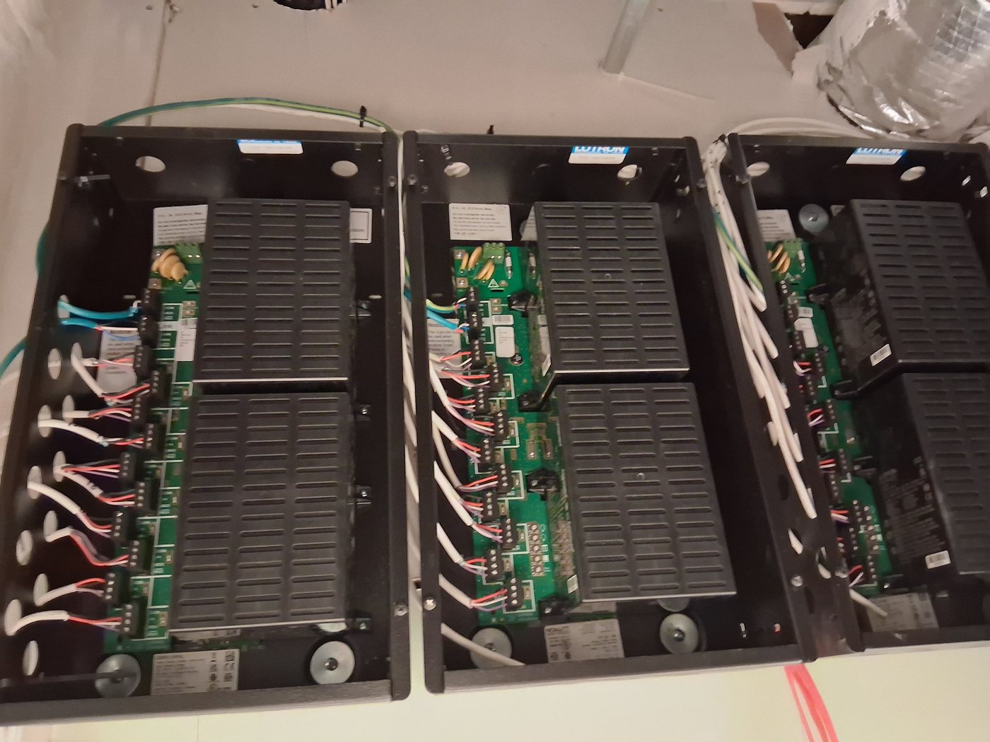Three Lutron shade controller panels installed by Obsidian AV in a Galleria-area project