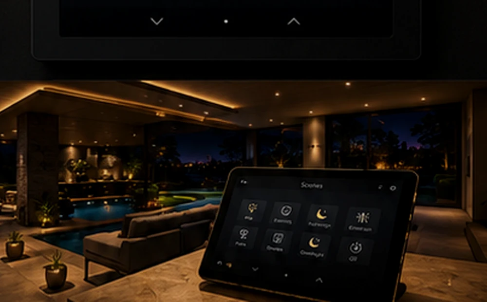 Houston smart home scene with lighting, motorized shades, and automation control