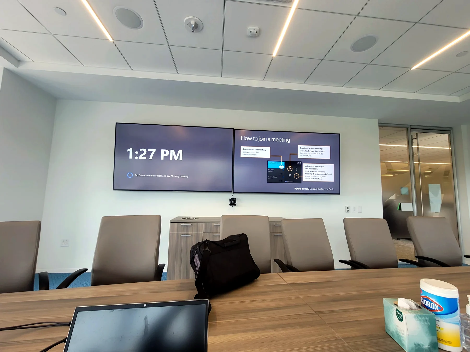 Conference room display camera table and commercial AV system for video meetings